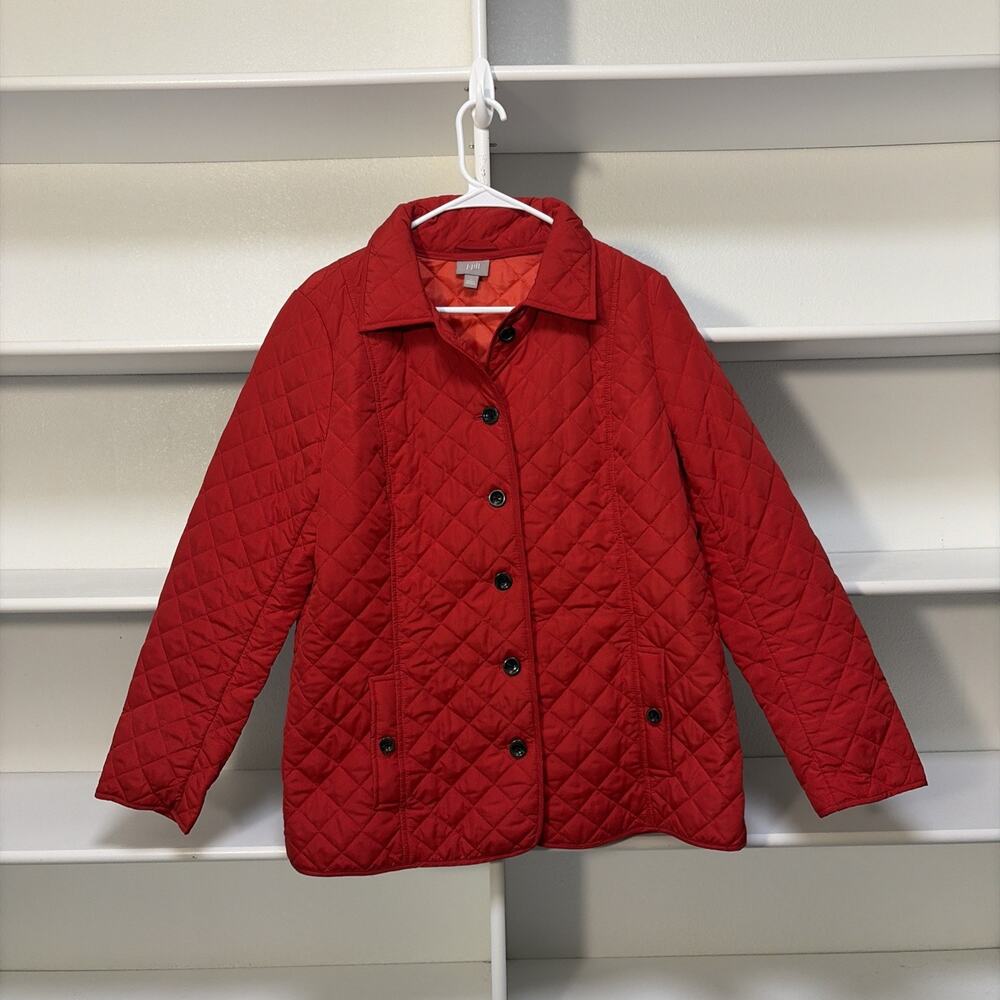 J. Jill Diamond Quilted Puffer Jacket Button Closure Red Women’s Large Classic